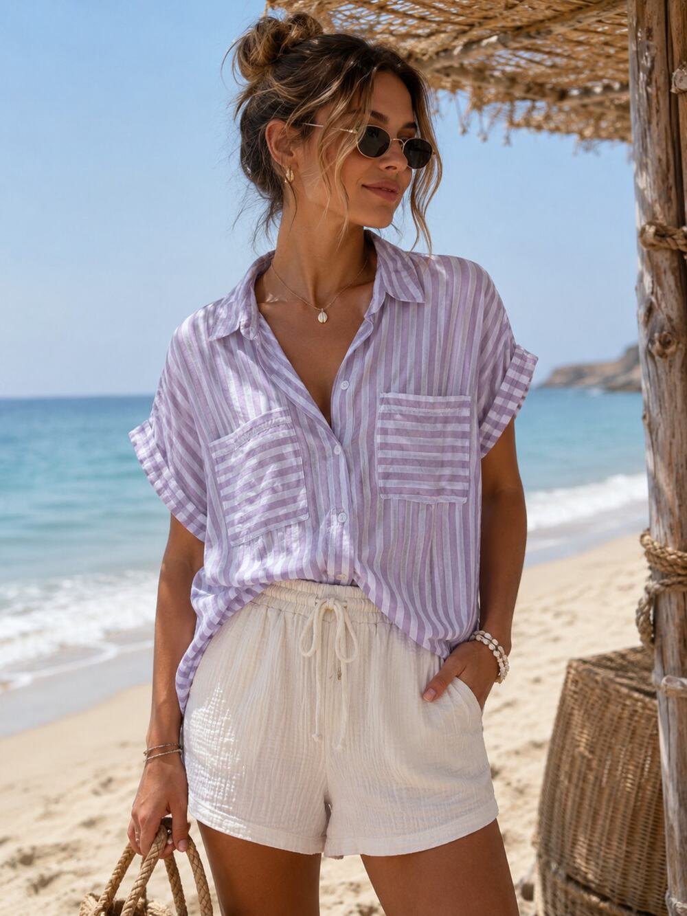 Kaiana Stripe Short Sleeve Button-Up Shirt beachlunchlounge Purple stripes